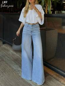 Women's Casual Versatile Denim Loose Wide Leg Pants With Pockets Fall - Light Wash - View 8