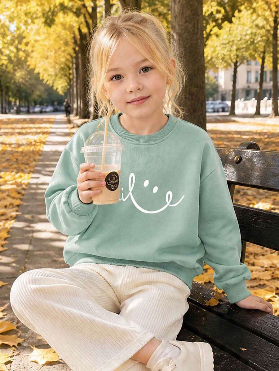 Young Girl Letter & Face Graphic Print Fleece Crew Neck Sweatshirt - Mint Green - View 1