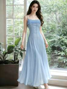 Sage Green Ruffle Hem Bodycon Dress, Elegant Sleeveless Chiffon Formal Party Gown, Fitted A-Line Tea Length Robe, Beach Outfit Wedding Fall - Baby Blue - View 1