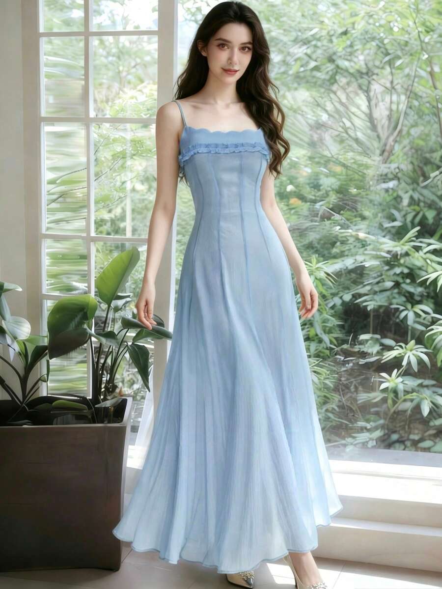 Sage Green Ruffle Hem Bodycon Dress, Elegant Sleeveless Chiffon Formal Party Gown, Fitted A-Line Tea Length Robe, Beach Outfit Wedding Fall - Baby Blue - View 1