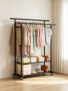 Double‑Rod Floor‑Standing Movable Clothes Rack With Thickened Metal Frame, Universal Casters, Large‑Capacity Garment Hanging, Stable Load‑Bearing, For Both Household Storage And Air‑Drying. - A - View 2