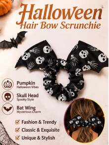 1pc Halloween Large Bat Wing Headband With Scary Pumpkin Bat Tombstone Pattern Witch Spider Web Print Hip-Hop Style Big Round Design, Soft Comfortable Fashionable Styling For Back Bun High Ponytail Medium Long Hair Tie, Suitable For Halloween Party And Holiday Gift Multi-Functional Accessory - Multicolor - View 5