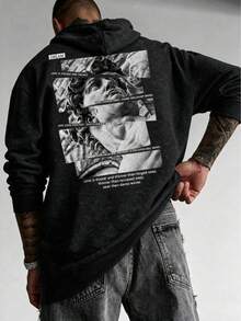 Men's Washed Distressed Tie-Dye Hoodie, Autumn/Winter, Back David Statue Graphic & English Text Print, Drawstring Loose Fit Pullover Sweatshirt - Black - View 1
