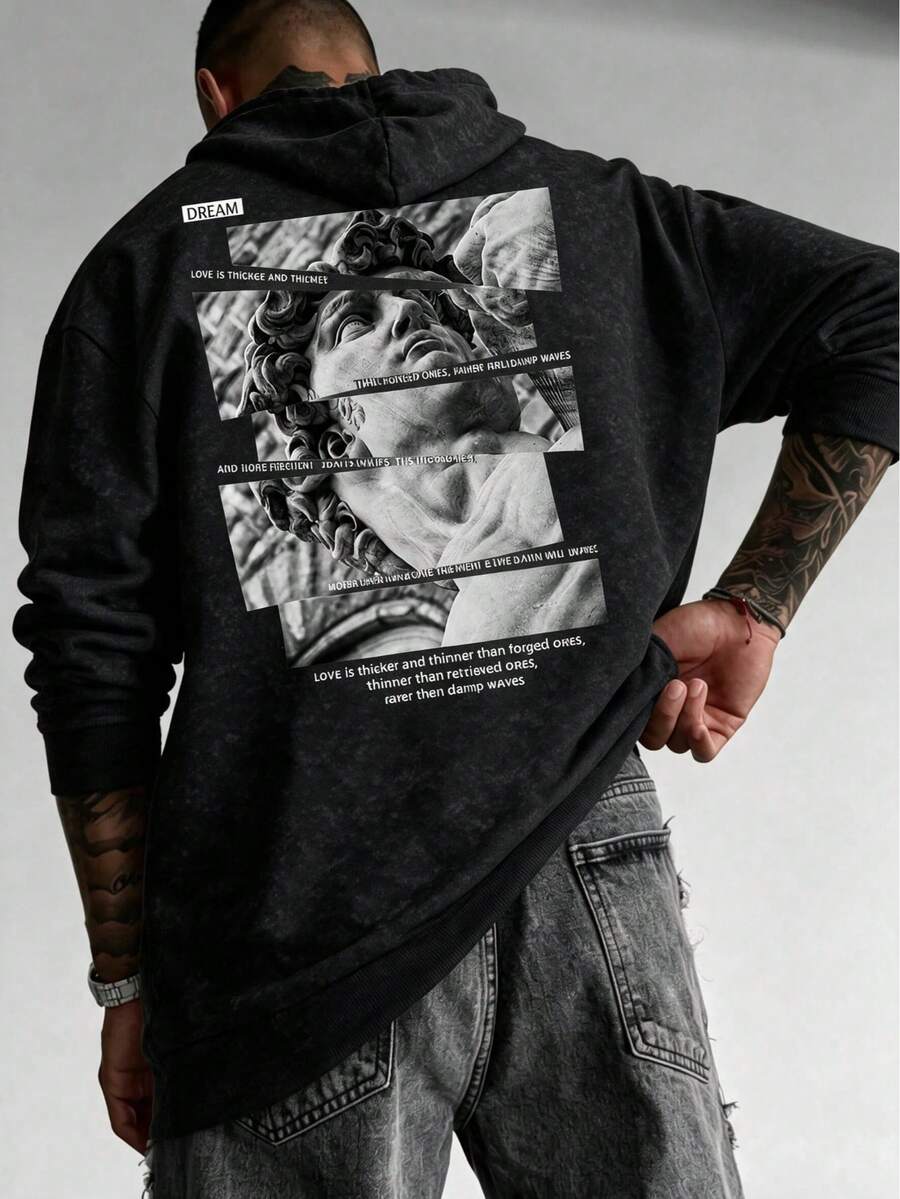 Men's Washed Distressed Tie-Dye Hoodie, Autumn/Winter, Back David Statue Graphic & English Text Print, Drawstring Loose Fit Pullover Sweatshirt - Black - View 1