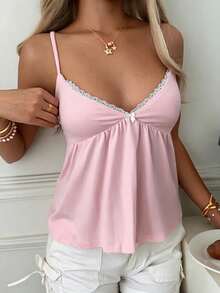 Y2K Style Girls' Pink Lace Trim Camisole With Bow Decor, Suitable For Street Style, Dates, Office And Casual Wear In Summer, Aesthetic - Pink - View 7