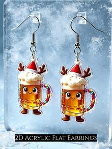 2D Cute Christmas Beer Mug Dangle Earrings, Cartoon Wine Glass With Christmas Hat And Deer Antlers Acrylic Pendant Earrings, Fun Christmas Party Women's Jewelry Gift - Christmas Beer Mug - View 7