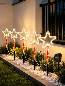 1 Set 5‑In‑1 Solar Powered Christmas Star Stake Lights, Candy Cane Pole LED Lawn Lights, Outdoor Waterproof Festive Accent Lamps For Garden Path, Porch, Yard, Xmas Party Scene Layout - Multicolor - View 4