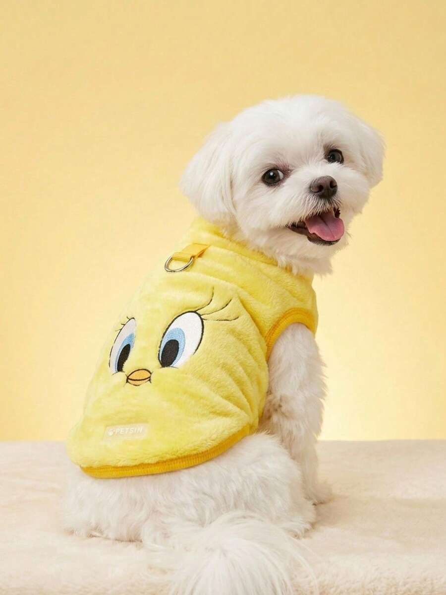 LOONEY TUNES X PETSIN 1pc Embroidered Yellow Small Yellow Bird Plush Warm Sleeveless Anti-Slip Jacket With Traction Buckle For Cats And Dogs, Great For Indoor Warmth Or Secure Outdoor Winter Walks - Yellow - View 1