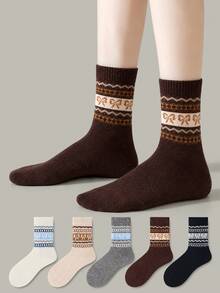 ZUJO 3 Pasang Kaos Kaki Wanita Setengah Betis, Motif Pita dan Fair Isle, Hangat, Lembut, dan Bernapas, Cocok untuk Pemakaian Sehari-hari di Musim Gugur/Dingin, Warna Acak - MultiWarna - View 2