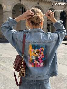 Classic Women's Denim Jacket For All Seasons, Jungle Leopard Print, White Ink Direct-To-Garment Print, Loose-Fit Versatile Casual Top - Light Denim Blue 2 - View 2