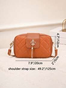 1pc Women's Luxury Quilted Small Square Bag, Crown Tassel Decor Crossbody Bag, Adjustable Strap Minimalist Versatile Camera Bag - M1915 - View 5