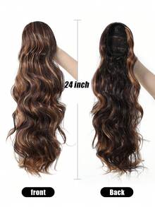 24 Inch Long Wavy Ponytail Extension For Women, Brown With Caramel Highlights Synthetic Hairpiece, Natural-Looking Drawstring Ponytail With Built-In Combs, Voluminous Curly Clip-In Hair Extension For Daily Wear, Parties, Cosplay And Halloween - Multicolor - View 5