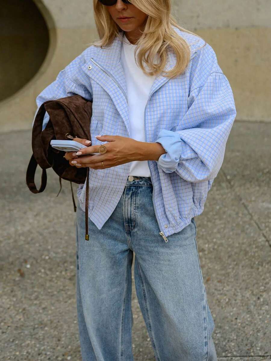 Women's Vintage Plaid Zipper Flight Jacket, Loose Fit Stand Collar Street Style Autumn Outerwear