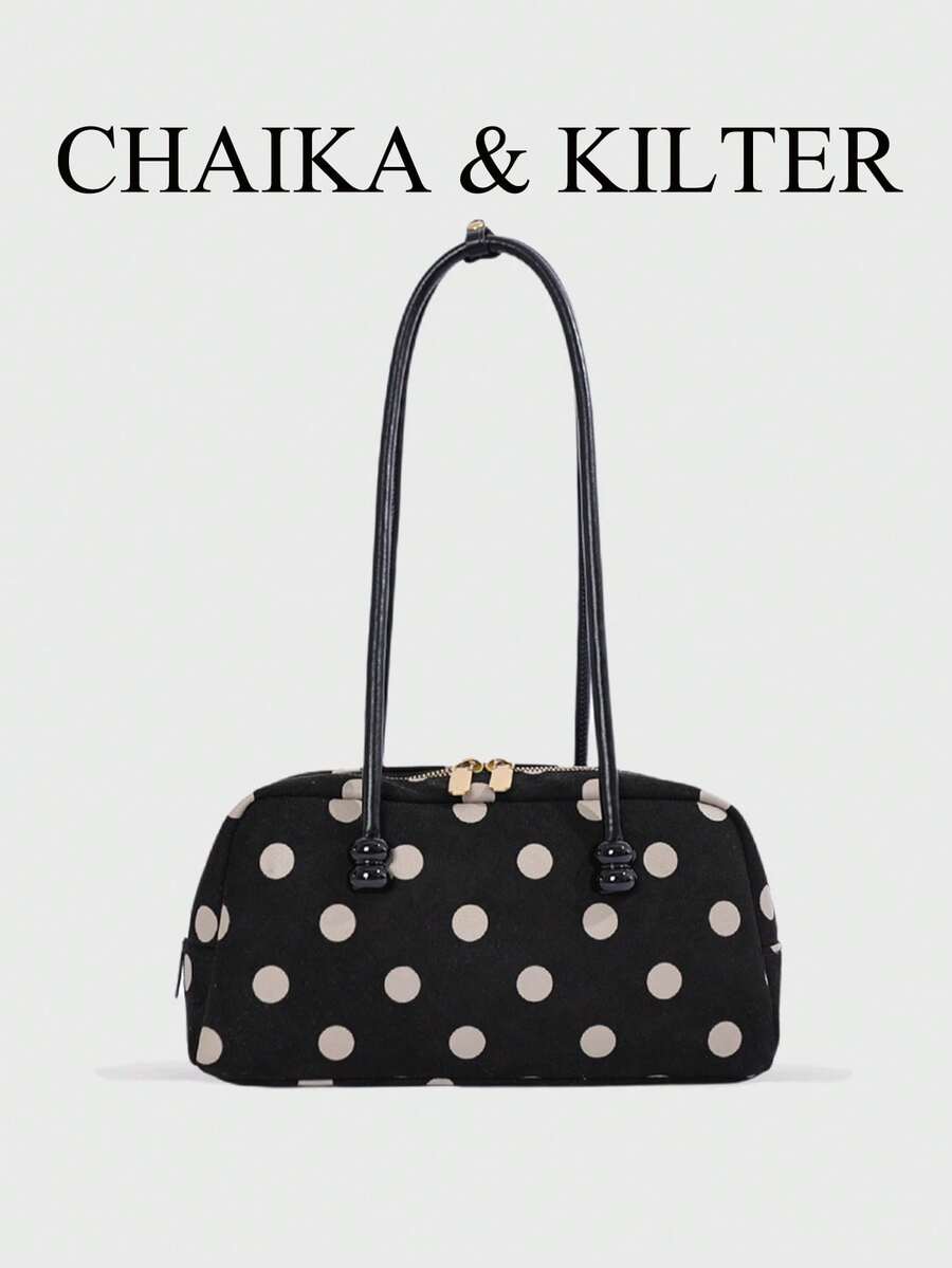 CHAIKA & KILTER 1件裝配色磨砂麂皮布料女款時尚大容量保齡球包 全身波點圖案 雙手柄設計 拉鍊開合 適合日常與街頭使用