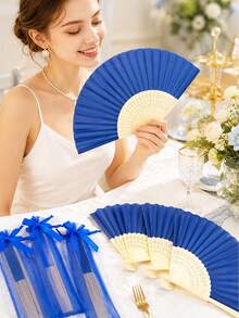 10pcs Folding Hand Fan With Sheer Drawstring Pouch, Blue Bow Decor,Portable Handheld Fan,Summer Party Wedding Gift,Costume Accessory,Travel Bag Charm - Multicolor - View 9