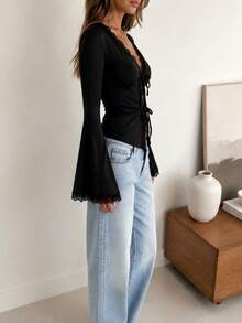 Women's Spring/Autumn Black Pure Desire Style Lace V-Neck Bow Tie Long Sleeve Top With Ruffle Bell Sleeves, Slim Fit Flattering Cardigan - Black - View 5