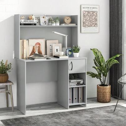 Escritorio de computadora con estantería, escritorio de oficina en casa con gabinete de almacenamiento & estante ajustable, estación de trabajo de computadora con 2 orificios para cables, para trabajar, escribir, estudiar, gris