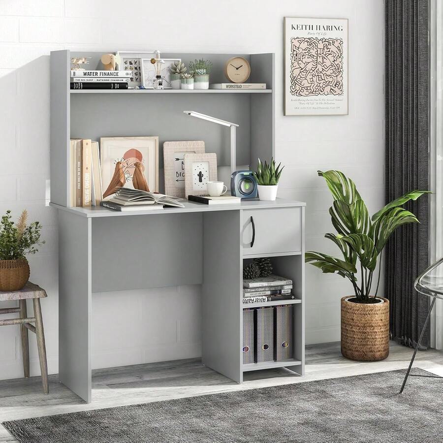 Computer Desk With Hutch, Home Office Desk With Storage Cabinet & Adjustable Shelf, Computer Workstation With 2 Cable Holes, For Working, Writing, Studying, Gray - 1 - View 1