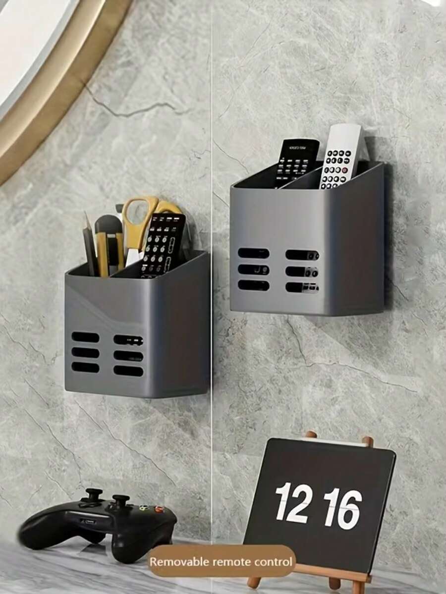 No-Drill Wall-Mounted Remote Control Storage Box, Wall-Mounted Plastic Organizer With Compartments, Bathroom Living Room Wall Storage Bin, Can Hold Remote Control, Stationery, Scissors, Pens, Hollow Breathable Design, Firm Adhesion Without Damaging Wall, Home Desktop Wall Clutter Organizer Storage Supplies - Multicolor - View 1