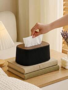 1pc Nordic Minimalist Style Tissue Box, INS Creamy Vertical Stripe Decor, Solid Wood Lid, Built-In Spring Smooth Dispensing, Fits Multiple Tissue Sizes, Suitable For Bathroom Vanity Countertop, Bedroom Dresser, Living Room, Nightstand, Desk, Office Desktop Storage Tissue Holder - Multicolor - View 6