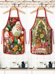 2/4pcs Christmas Apron With Christmas Tree And Santa Claus Pattern. Suitable For Kitchen Cooking, Festivals And Parties. It's Also A Great New Year Gift To Give To Friends. - Multicolor - View 7