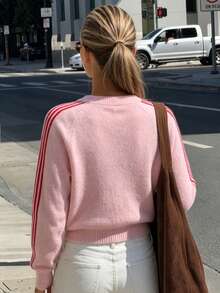 MORI 秋冬 Y2K 時尚淡粉色側條紋插肩袖針織開襟毛衣外套 女款街頭風咖啡風上衣 - 粉色 - 查看 5