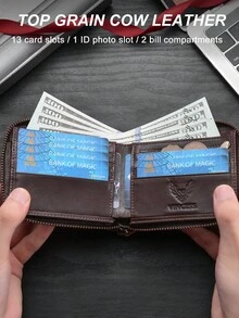 VINCESS Men's Casual Vintage Cow Leather Wallet, Fashion Genuine Leather Wallet, ID Window, Multi-Layer Card Slots With RFID Blocking, Zipper Cash Compartment For Secure And Convenient Use, Suitable For Daily Travel, Perfect Holiday Gift For Men - Coffee Brown - View 7