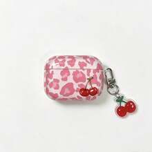 Girl High Transparency Pink Leopard Print Cherry Anti-Drop Earphone Case + Cherry Keychain Pendant Suitable For Apple Airpods4/Pro/Pro2/Pro3 Wireless Bluetooth Earphone Protective Cover - Leopard Print Cherry - View 3