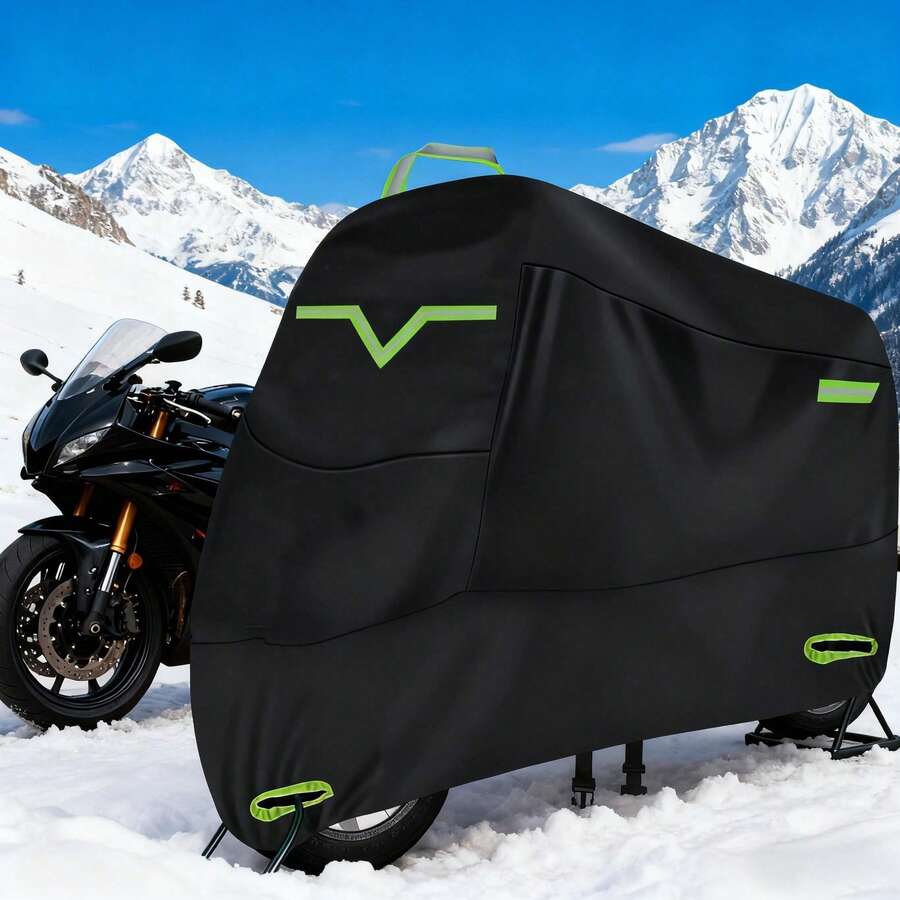 Glowing Protective 210D Thickened Motorcycle Cover | Green Reflective Tape Waterproof Sunproof Car Cover | Oxford Cloth Dustproof Cover With Built-In Anti-Theft Lock | All-Season Universal Motorcycle Protective Cover - Green Fabric Button - View 1