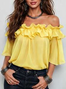 Top con hombros descubiertos 2026, camisa azul marino con detalles de volantes, volantes de doble capa, azul medianoche sólido, amarillo de verano amigable para tallas grandes - Amarillo - Ver 4