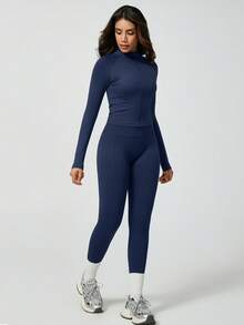 NcmRyu 1 Set Women Seamless Ribbed Zip Stand Collar Long Sleeve Top And High Waist Leggings Sports Suit - Navy Blue - View 7