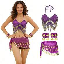 1 Set Handmade Sequin Beaded Tassel Camisole Bra With Multicolor Metallic Fabric Glitter Sequin Waist Belt Skirt Belly Dance Costume Stage Carnival Performance Outfit. Suitable For Party, Beach, Bohemian Vintage Style. - Multicolor - View 11