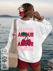Women's Casual White Long Sleeve Round Neck Sweatshirt With Amour Cherry Print, Drop Shoulder Pullover Top,  Fall Streetwear - White - View 3