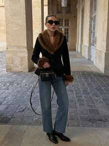 Faux Fur Collar & Cuff Trim Wool Blend Jacket, Single-Breasted Slim Fit Cropped Women's Coat - Black - View 9
