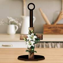 Cross With White Lily Wooden Paper Towel Holder, Rustic Religious Table Decor For Kitchen Counter, Dining Table, Living Room Side Table, Cabinet Countertop, Decorative Countertop Paper Roll Stand, Faith‑Themed Home Tabletop Ornament - Multicolor - View 1