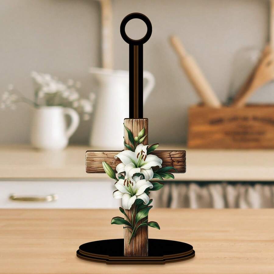 Cross With White Lily Wooden Paper Towel Holder, Rustic Religious Table Decor For Kitchen Counter, Dining Table, Living Room Side Table, Cabinet Countertop, Decorative Countertop Paper Roll Stand, Faith‑Themed Home Tabletop Ornament - Multicolor - View 1