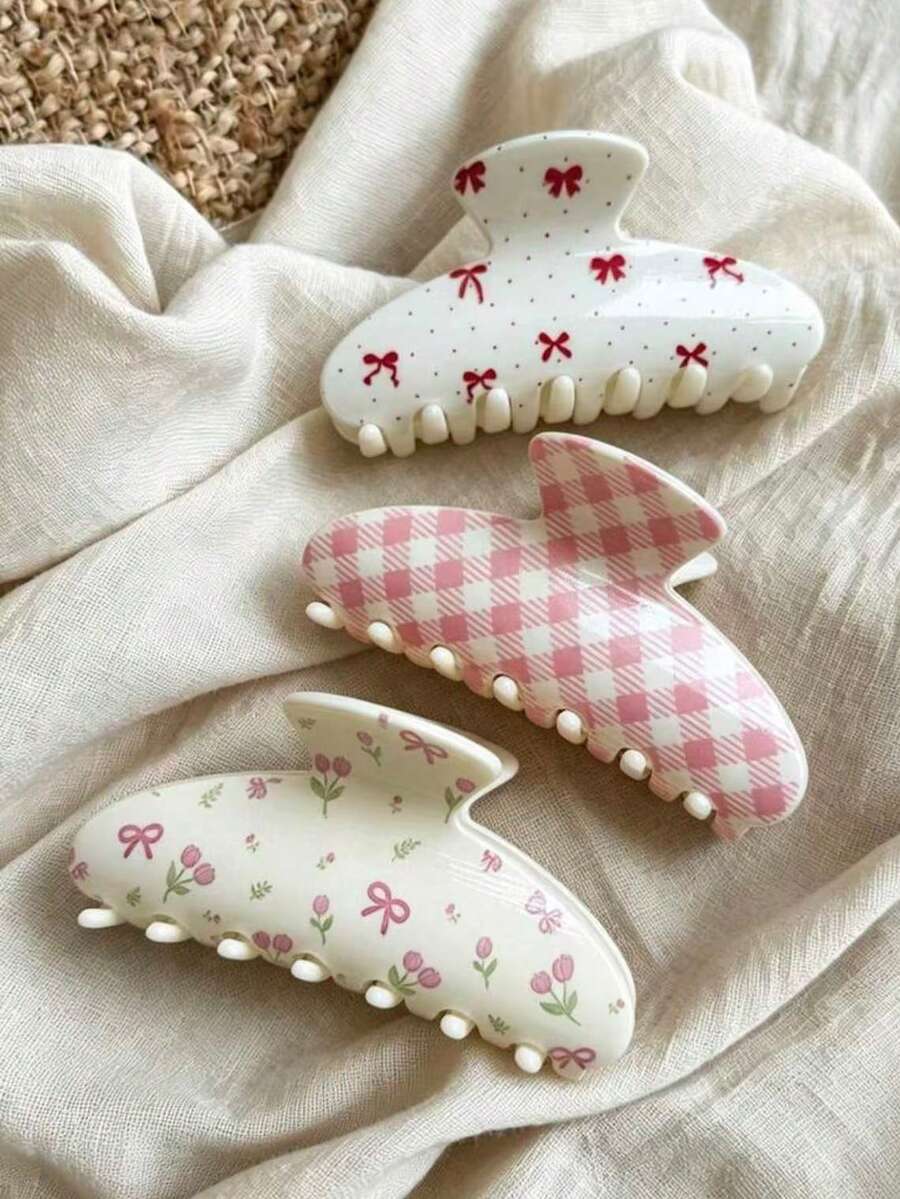 3件組韓系甜美可愛女孩風粉色格紋鬱金香花朵蝴蝶結波點印花大號半圓形抓夾 夏季海灘度假盤髮髮飾 - 彩色 - 查看 1