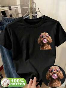 Casual Women's T-Shirt, Cute Style, Pug Print With Glasses, Korean Style, Loose Fit, Short Sleeves, Round Neck, Simple Women's T-Shirt. - Black - View 1