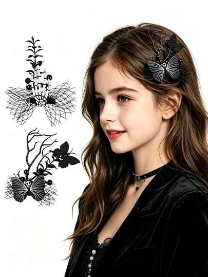 Halloween Mesh Skeleton Hair Clip, Halloween Party, Butterfly Dry Branch Side Hair Accessory