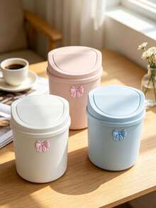Cute Desktop Trash Can With Bow Decor,Mini Table Waste Bin,Portable Countertop Garbage Bucket,Flip Cover With Lid,For Bedroom,Dorm,Office,Makeup Desk,Countertop,Home Essentials,Unique Birthday Gift,Back-To-School Gift,Holidays Gift,Parties Gift - B - View 2