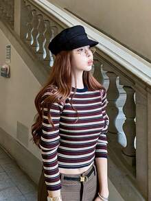 Women's American Retro Striped Contrast Color Knitted Long Sleeve T-Shirt, Crew Neck Inner Layer Base Top, Short Length, Autumn/Winter Fall - Red and White Stripes - View 4
