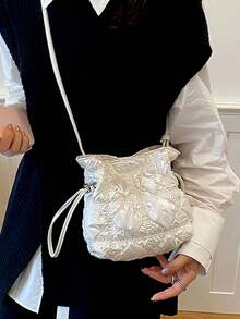 Women's Ruched Textured Bucket Bag With Adjustable Thin Strap, Loose Multi-Compartment Storage, Drawstring Closure, Niche Style, Versatile Crossbody Shoulder Bag For Daily Wear, Dating, Party, Travel, Shopping And Casual Outings - White - View 5