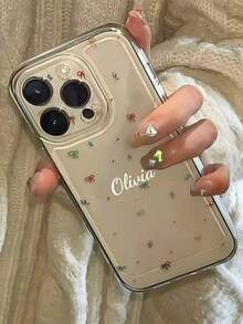 Dark Burgundy Background Retro Butterfly Floral Custom Personalized Cursive Name Phone Case, Custom Unique Hand Letter Vintage Girly Aesthetic Shockproof Protective Cover For All Mobile Models - Clear - View 3