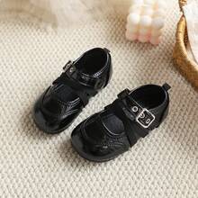 Girls' Shiny Mary Jane Shoes, Vintage British Style, Cross Elastic Strap With Hook And Loop, Round Toe Soft Sole, Versatile Princess Walking Shoes For Toddlers - Black - View 2