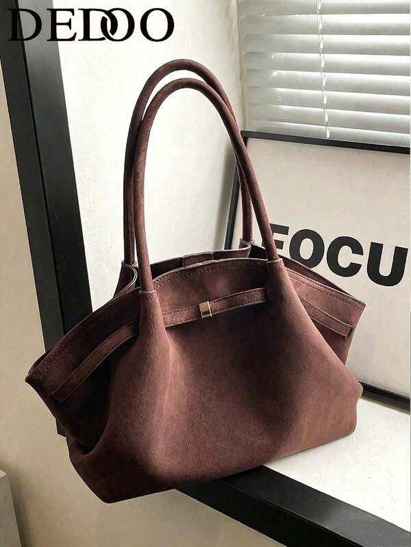 Dedoo 1pc FEISTURE Faux Suede Tote Bag, Large Capacity Solid Color Mature Elegant Ladies Handbag, Retro Style Work Bag, Suitable For Girls, Women, College Students, Office Workers