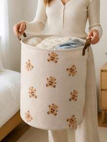 Bear Pattern Printed Foldable Laundry Basket With Laundry Clips, Breathable Fabric Dirty Clothes Storage Bin, Bedding Clips, Suitable For Bathroom And Bedroom - Multicolor - View 1