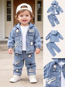 Setelan 2 Potong Jaket Berkerudung + Celana Pinggang Elastis untuk Bayi Laki-laki Musim Semi/Gugur, Motif Huruf dan Tambal Sulam Bintang, Pakaian Keren untuk Sehari-hari di Luar Ruangan dan Sekolah - Biru - View 3