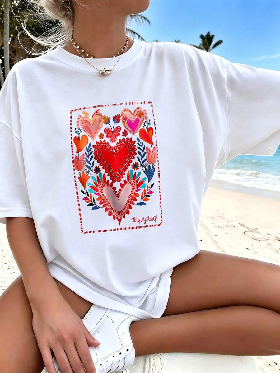Eternal Classic Cotton T‑Shirt, Bohemian Heart Botanical Motif Print, Urban Girl Vibe Top, Spring‑Summer Holiday Travel City Life Dating Outfit - White - View 1
