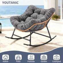 Oversized Rocking Chair, Grey Wide Papasan Rocking Lounger With Extra Thick Cushion, Indoor Outdoor Lounge Chair For Balcony Garden Living Room - Grey - View 4