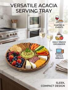 1pc Creative Acacia Wood Multi-Compartment Solid Wood Serving Tray, With Dip Sauce Compartment, Sushi Bread Snack Dessert Platter, For Family Gathering Outdoor Camping Picnic, Wedding Party Display, Autumn Harvest Festival Valentine's Day Halloween Christmas Gift, Back To School Home Kitchen Storage Accessory - View 2
